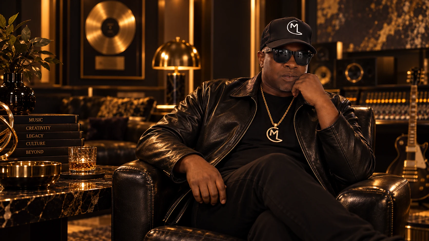 Mike London seated in a studio with a gold record and books about music, creativity, legacy and culture.