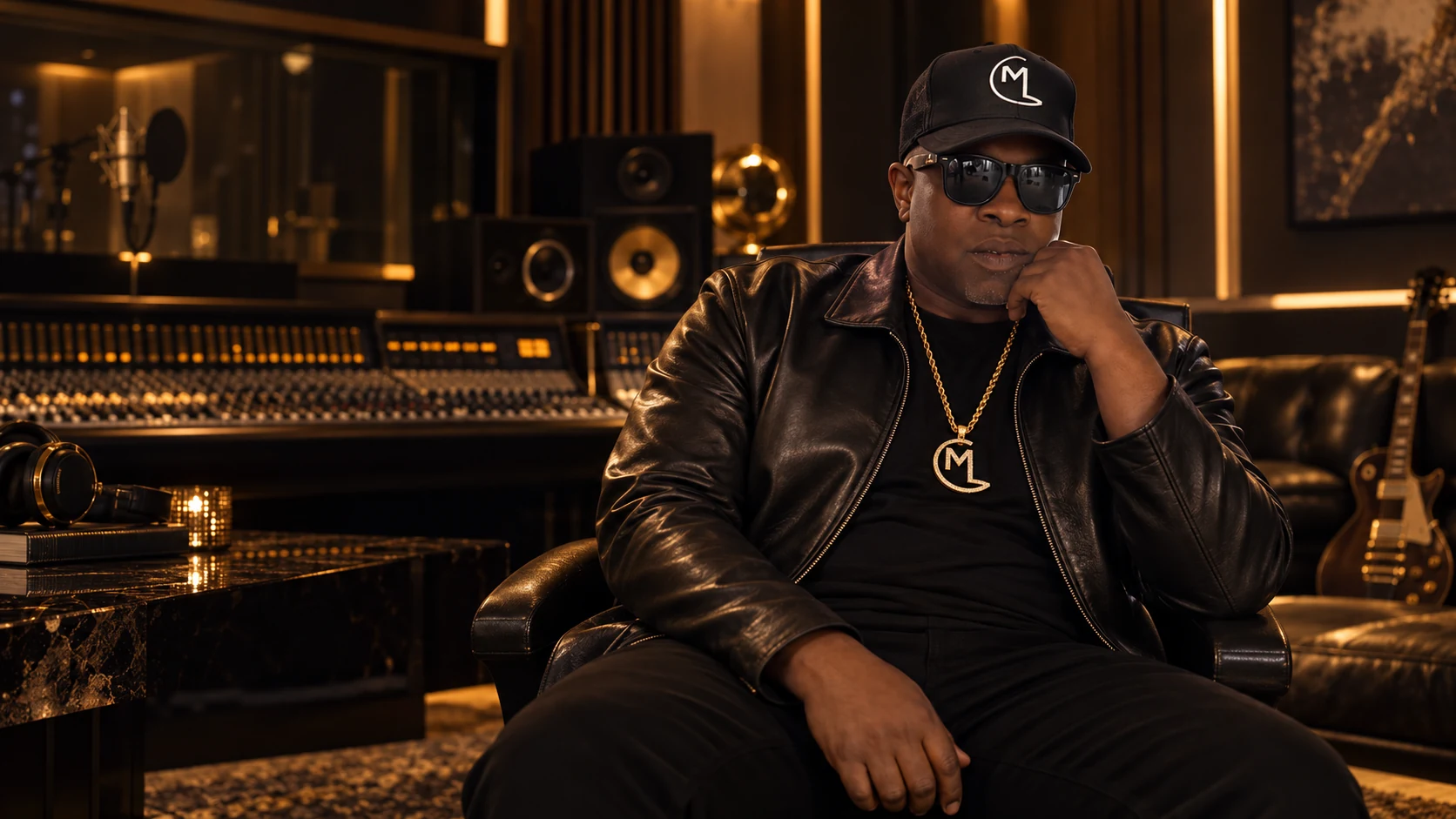 Mike London seated in a black leather chair in a warm gold recording studio.