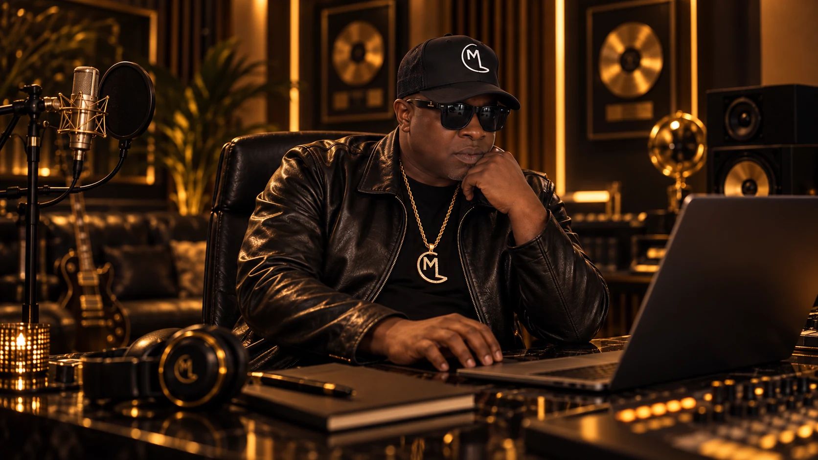 Mike London at a studio desk beside music equipment in a warm gold recording room.