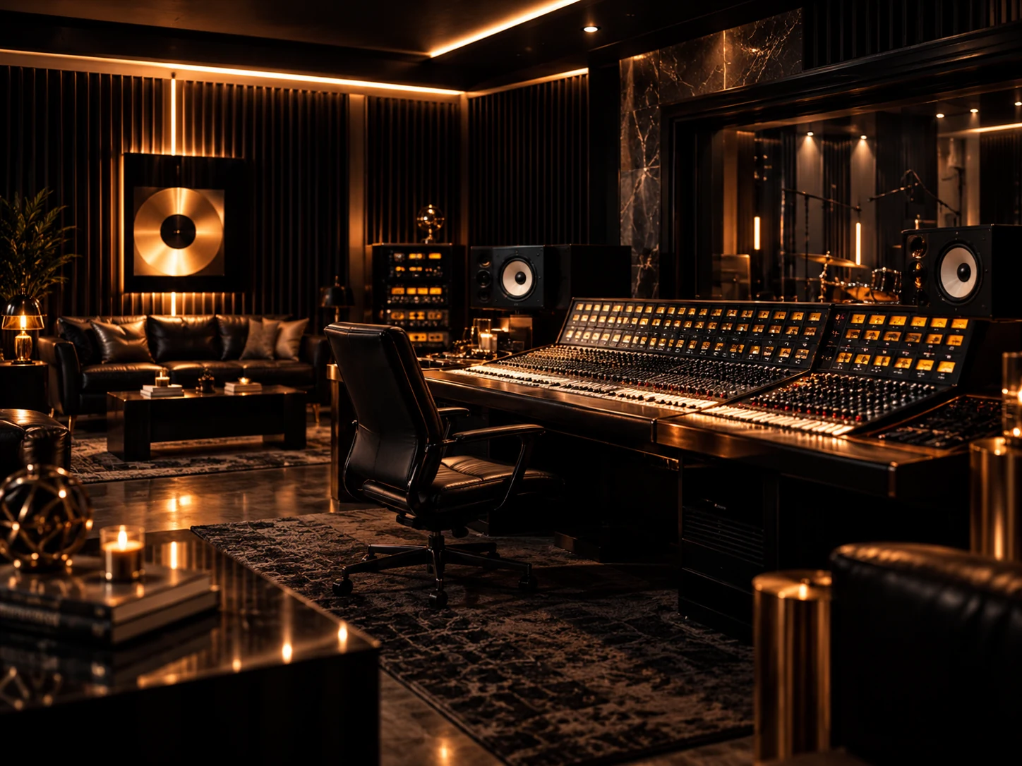 Warmly lit professional recording studio with mixing console, speakers and acoustic panels.