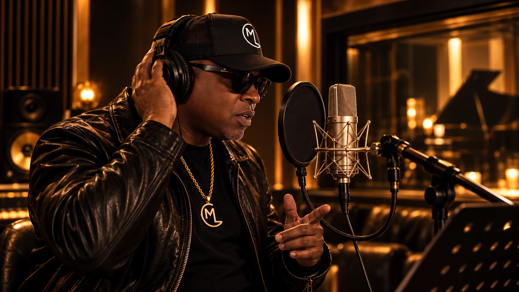 Mike London wearing headphones beside a studio vocal microphone.
