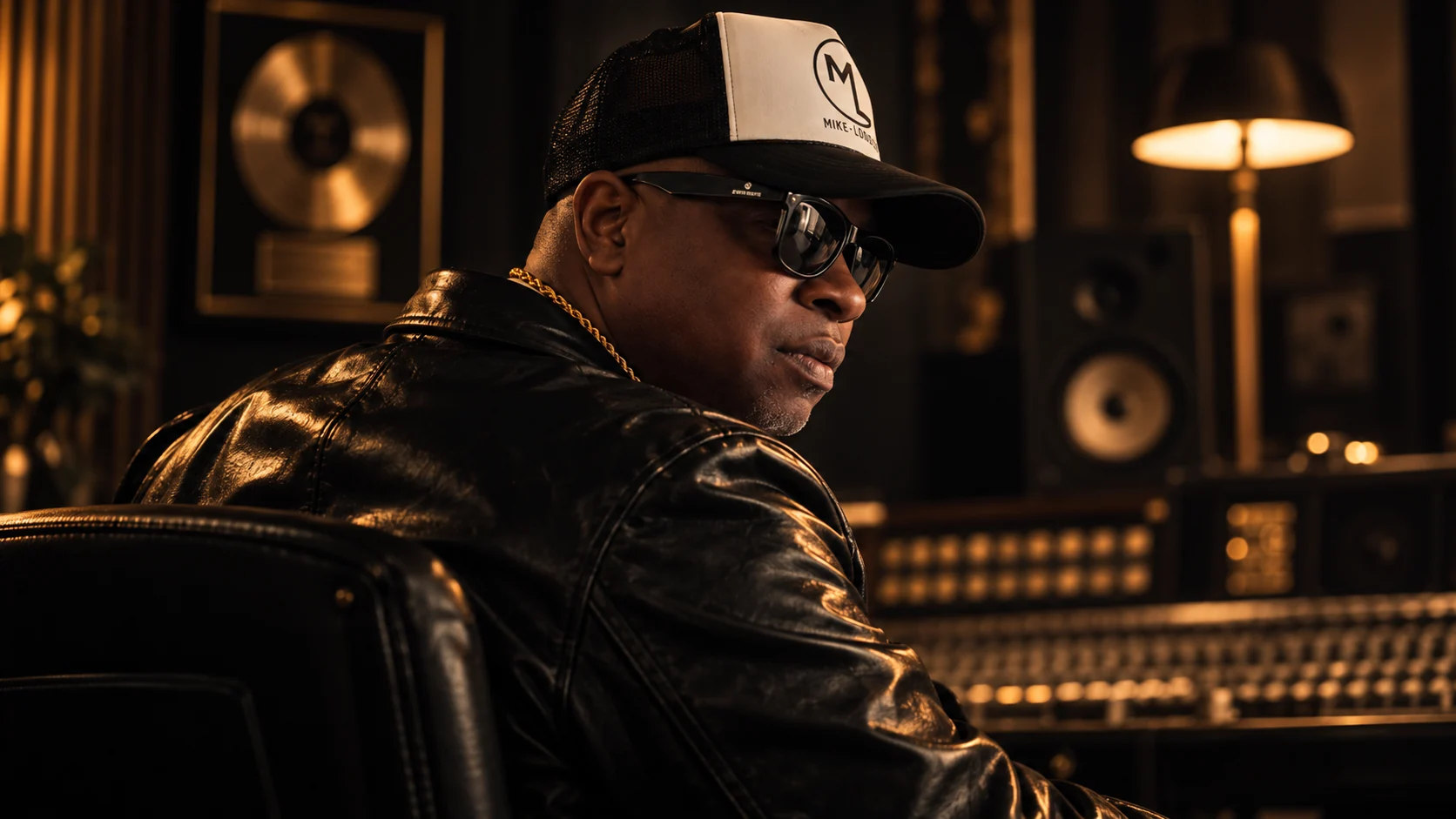 Conceptual studio portrait of Mike London wearing a black jacket and cap.
