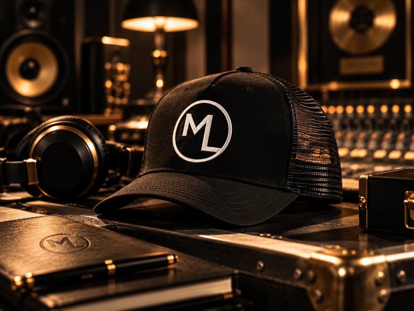 Conceptual artwork of a Mike London cap in a recording studio.