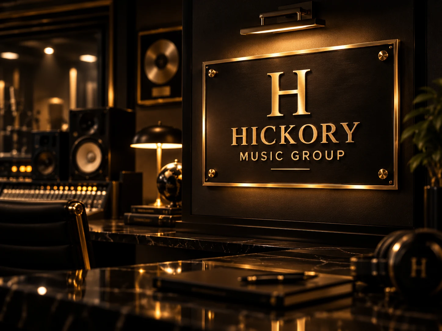 Conceptual artwork with illustrative Hickory Music Group signage.